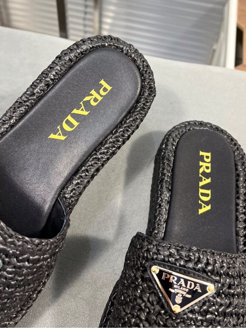 Prada Black Woven Platform Slide Sandals